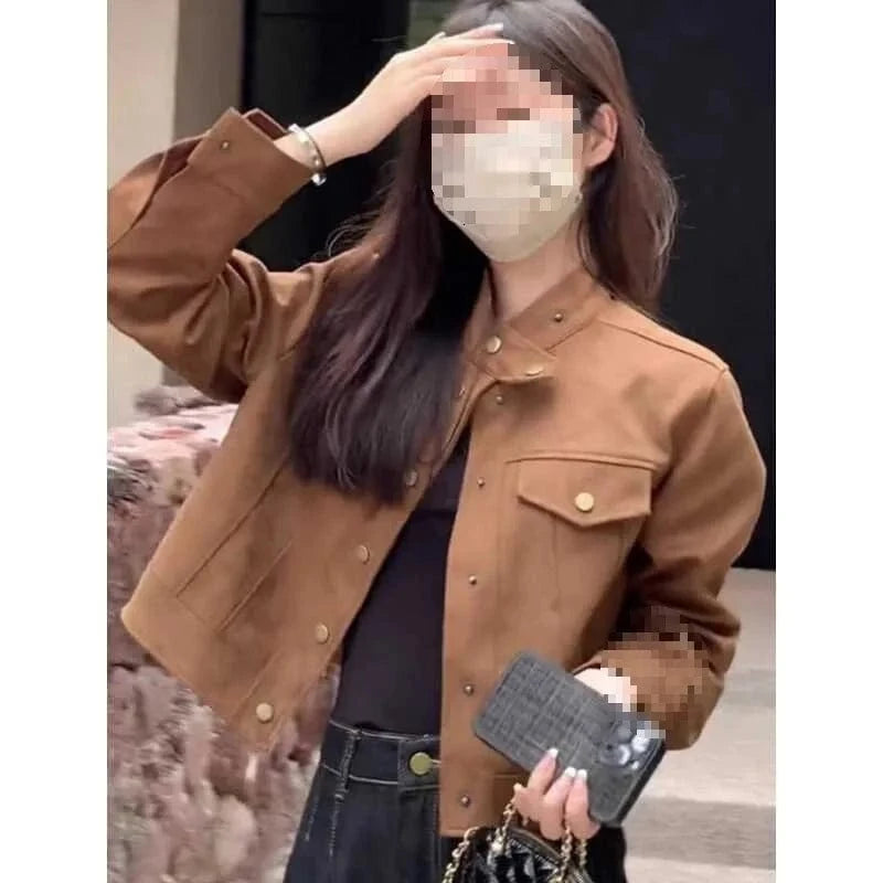 Korean small fragrant Maillard leather jacket female spring new fashion design sense advanced sense sweet cool suede jacket.