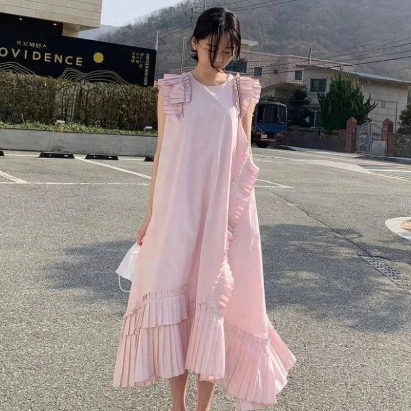 Korean Style Elegant White Dress Summer New 2024 Round Neck Fashion Ladies Solid Color Casual Irregular Women Clothing
