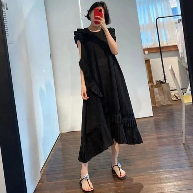 Korean Style Elegant White Dress Summer New 2024 Round Neck Fashion Ladies Solid Color Casual Irregular Women Clothing