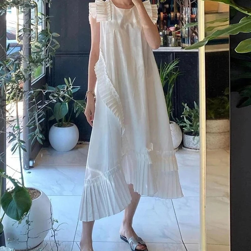 Korean Style Elegant White Dress Summer New 2024 Round Neck Fashion Ladies Solid Color Casual Irregular Women Clothing