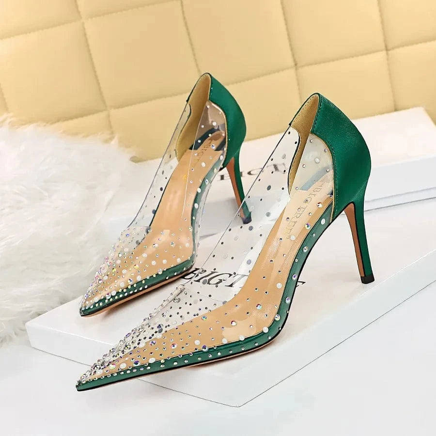 Korean Style Transparent Women Heels Stilettos Shallow Point Toe Bling Rhinestone hollow out Female Heels