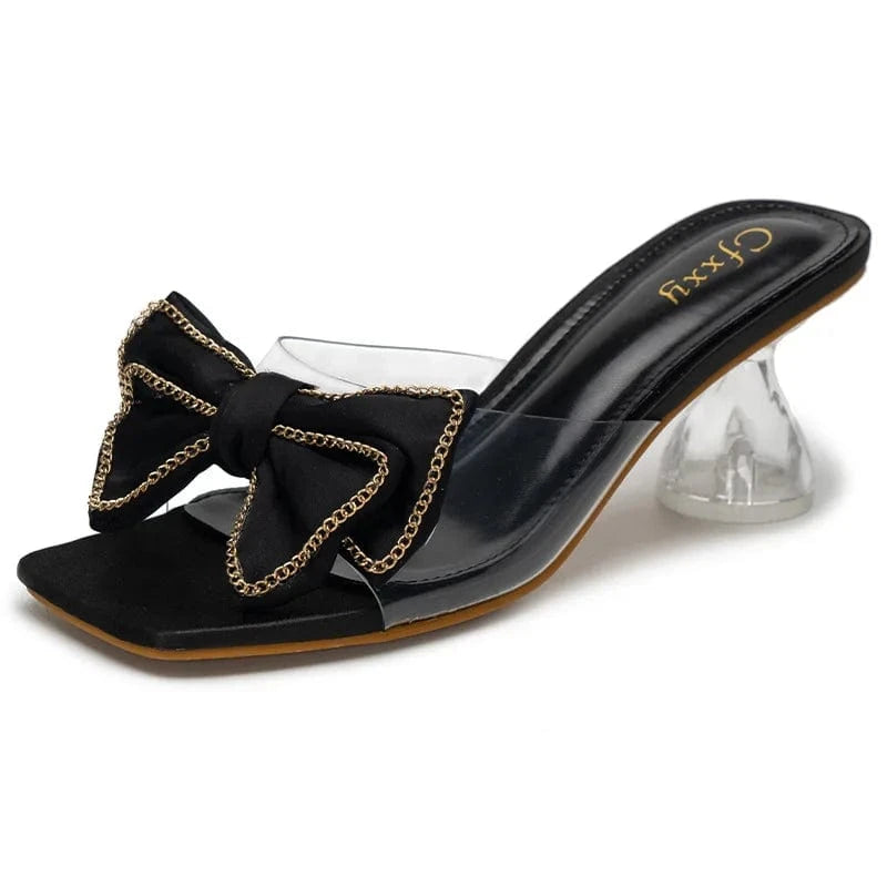 Korean Style Women Peep-toe Bowknot Crystal Pumps Sexy Ladies Square-toe Outside Sandal Slippers