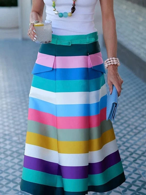 Krisstarsgirls 2025 Colorful Striped Skirts for Women Trendy Summer Split-joint Belted Pockets Skirts Bottoms Clothes for Woman