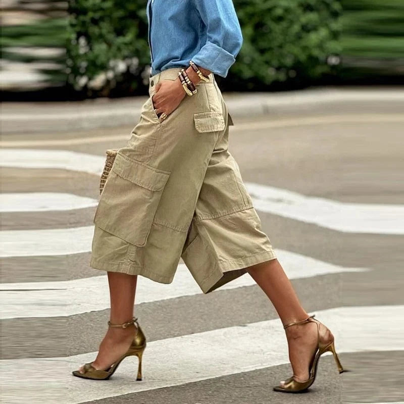 Krisstarsgirls Summer Woman Wide Leg Capris Pants with Pockets 2025 New Trendy Cotton Clothes Loose Cropped Cargo Pants Female