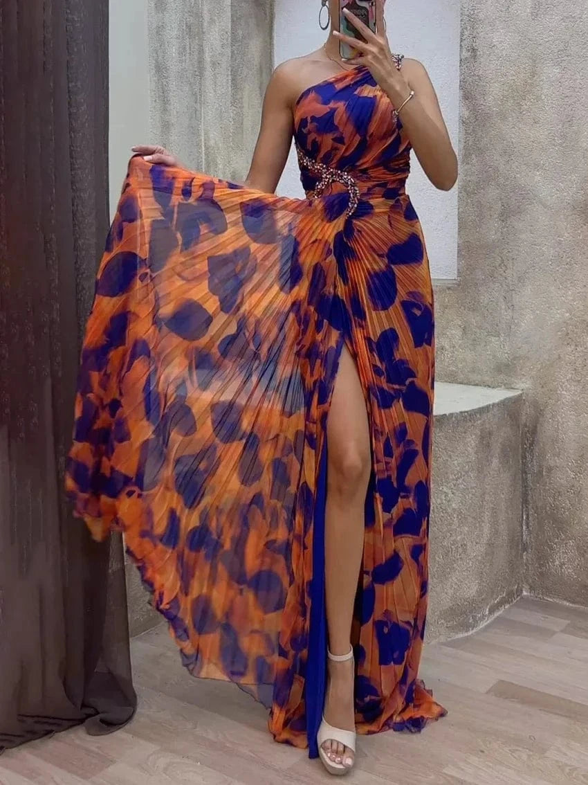 Krisstarsgirls Women's Evening Party Dresses 2025 Summer Spring Leopard Pleated Split-Side Sleeveless Rhinestone Maxi Dresses