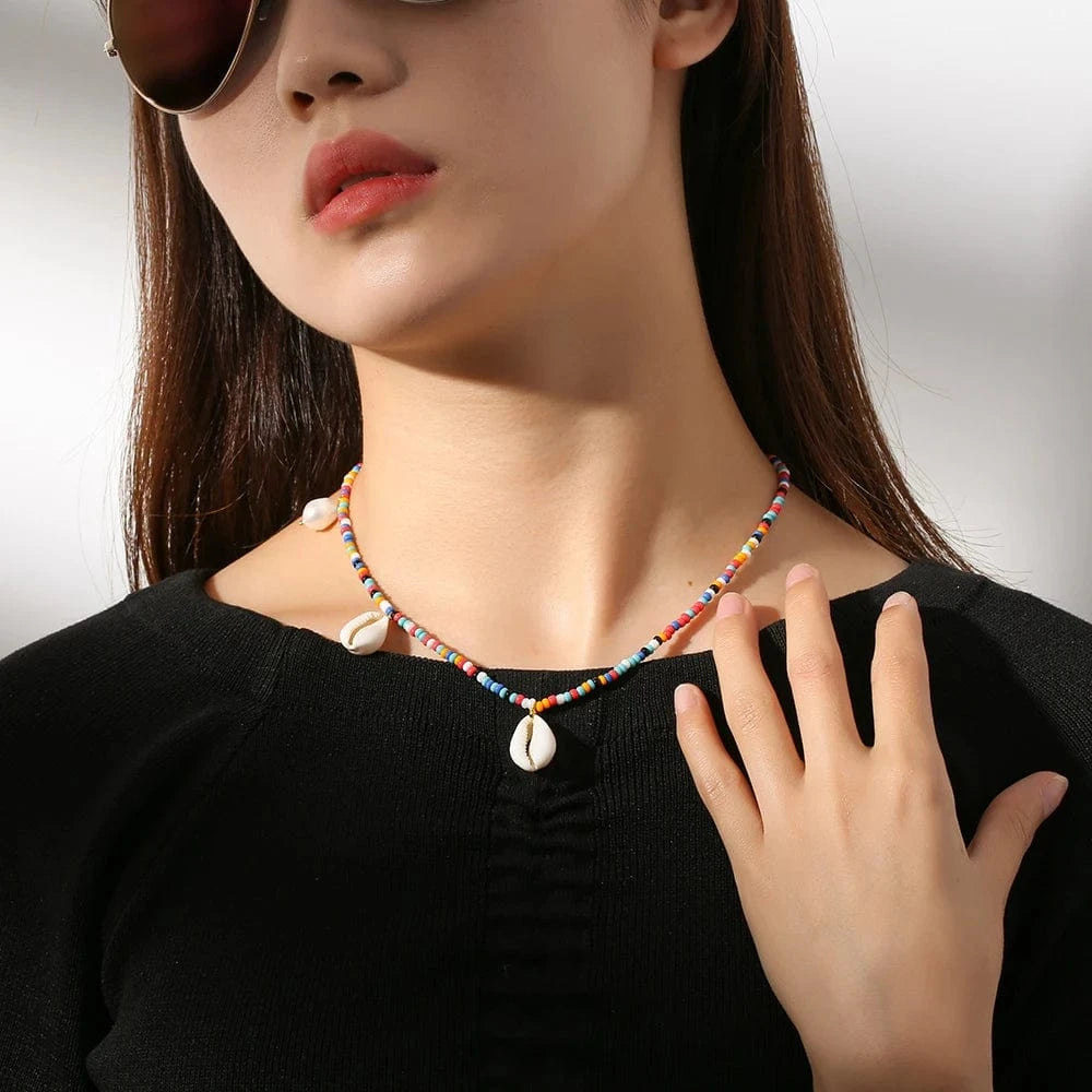 KRKC Hawaiian Tear Drop Shell Natural Pearl Pendant Jewelry Wholesale Trendy 18k Gold Bohemian Women Colorful Bead Necklace