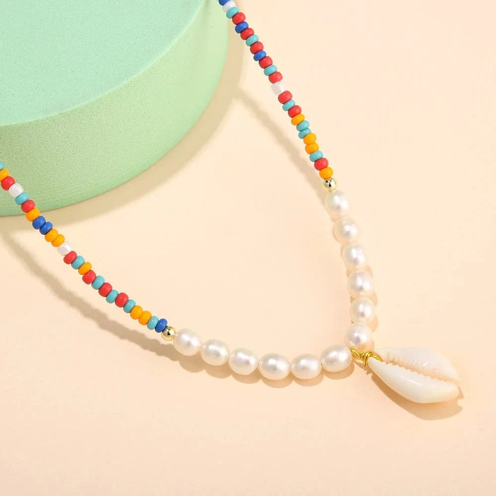 KRKC Hawaiian Tear Drop Shell Natural Pearl Pendant Jewelry Wholesale Trendy 18k Gold Bohemian Women Colorful Bead Necklace