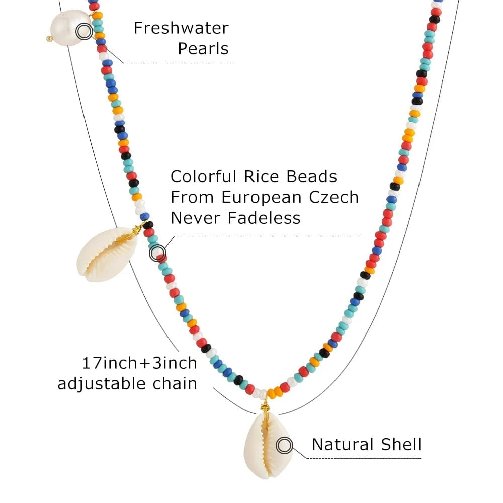 KRKC Hawaiian Tear Drop Shell Natural Pearl Pendant Jewelry Wholesale Trendy 18k Gold Bohemian Women Colorful Bead Necklace