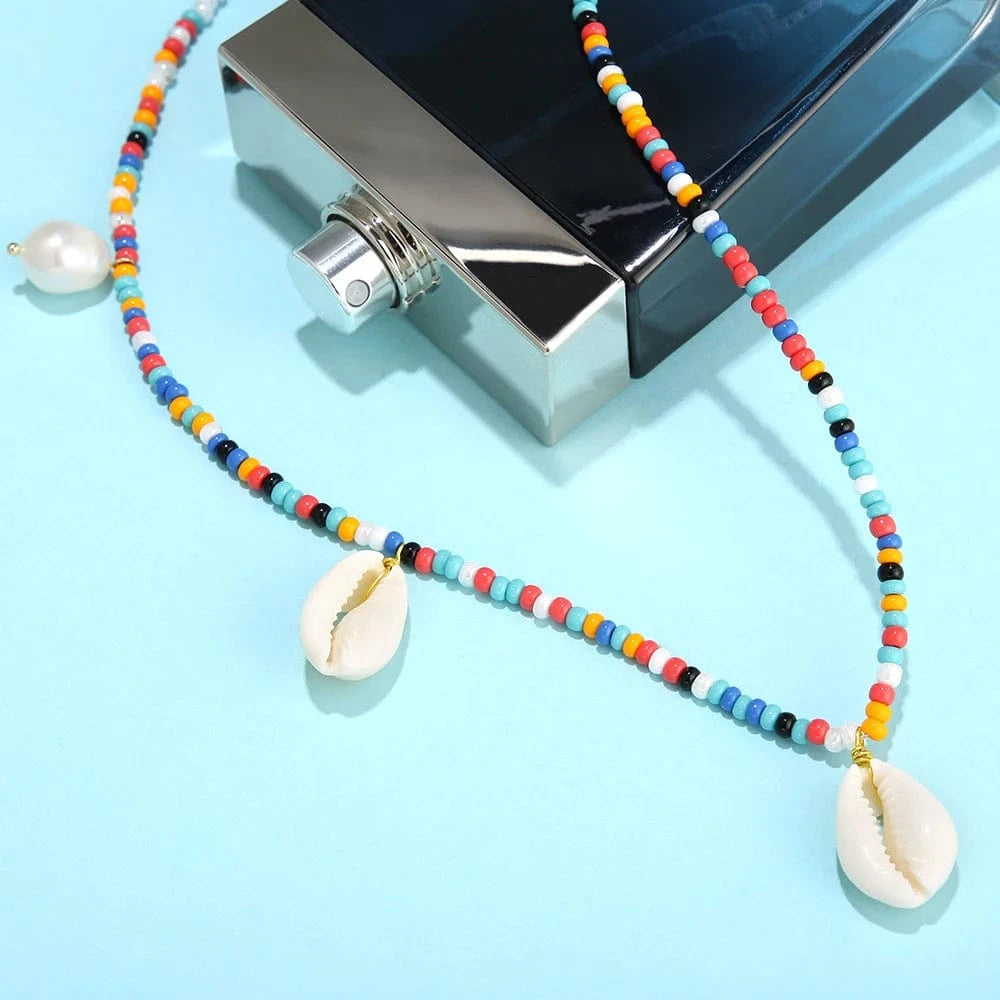 KRKC Hawaiian Tear Drop Shell Natural Pearl Pendant Jewelry Wholesale Trendy 18k Gold Bohemian Women Colorful Bead Necklace