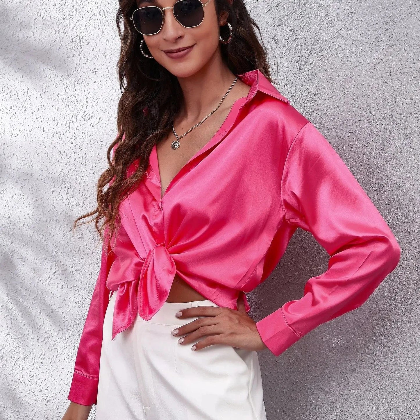 L / 04 / Silk 0212YT Women White Simulated Silk Shirt Tops Lady Long Sleeve Office Ladies Satin Blouse Blusas Women's Blouses & Shirts