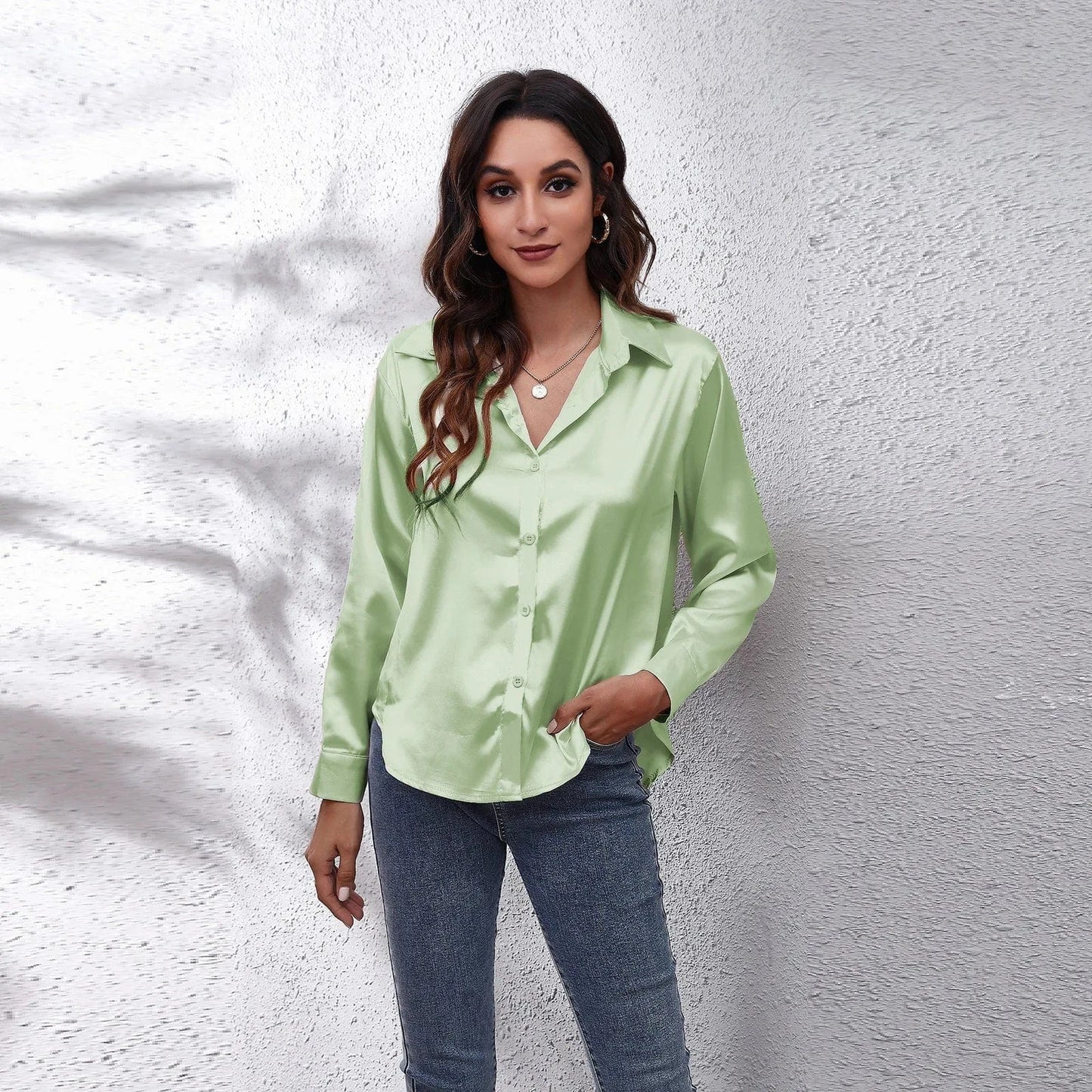 L / 05 / Silk 0212YT Women White Simulated Silk Shirt Tops Lady Long Sleeve Office Ladies Satin Blouse Blusas Women's Blouses & Shirts
