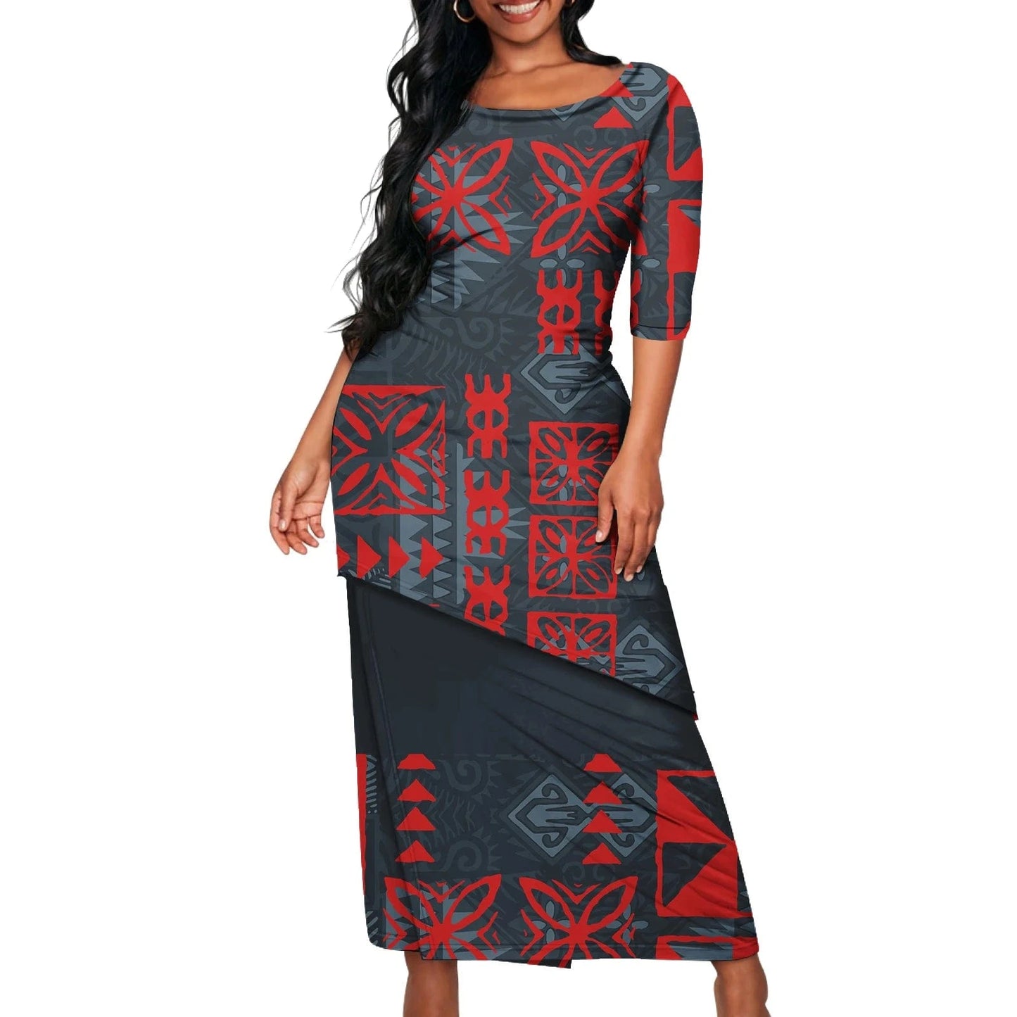 L / 0974L-2983 Polynesian Tribal Samoan Print Custom Ladies Elegant Women's Dress Asia & Pacific Islands Clothing Samoa Puletasi Sets