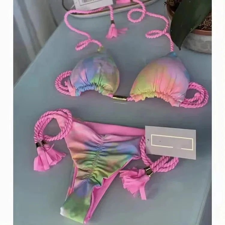 L / 1 2024 Hot Sell Fashion Printed Bikini Braided Rope Sexy Brazilian Swimsuit Wholesale