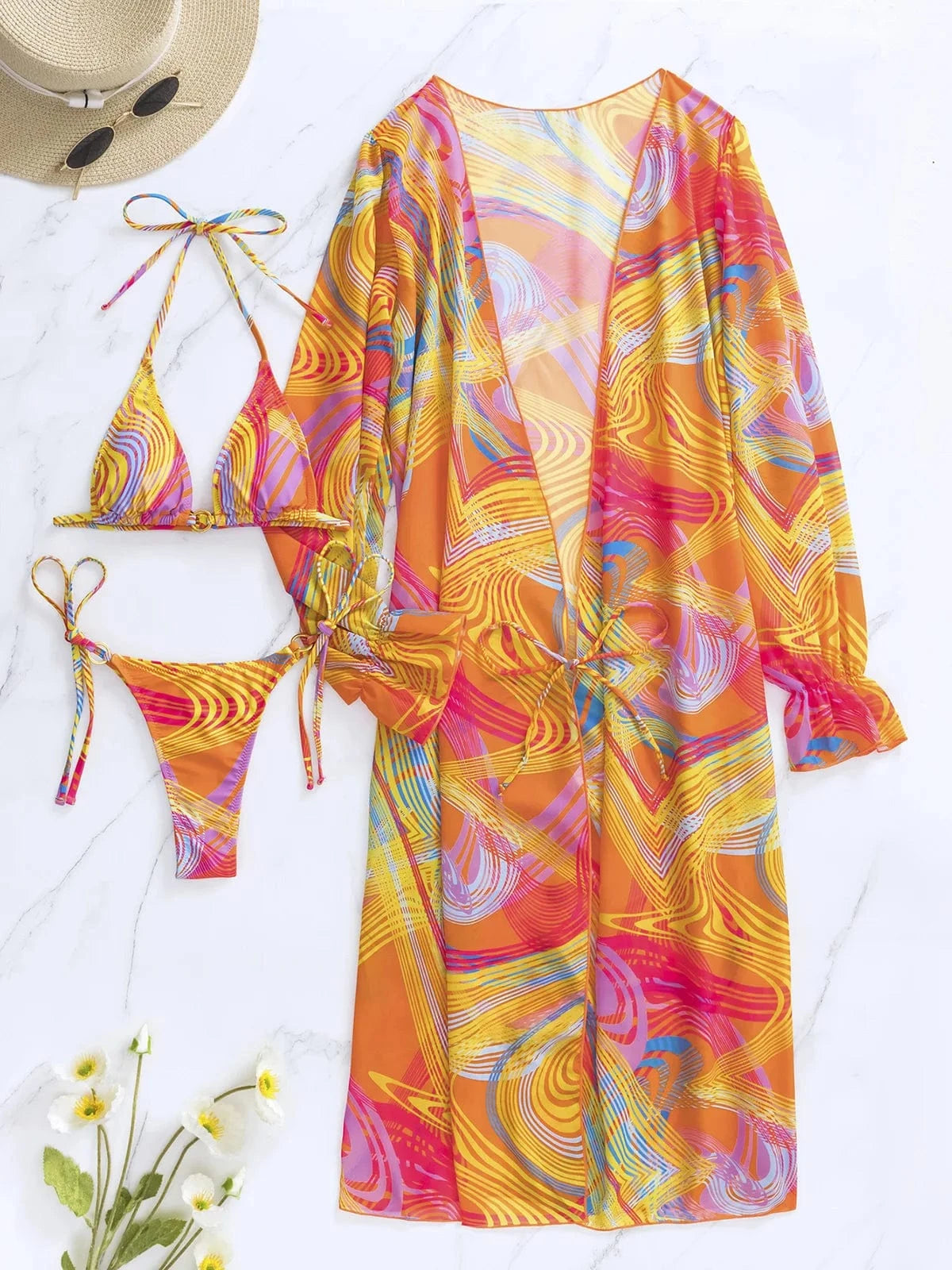 L / 1 2024 Tropical Style Sexy Beachwear 3 Piece Swimwear Women Triangle Bikini Set with Cover up