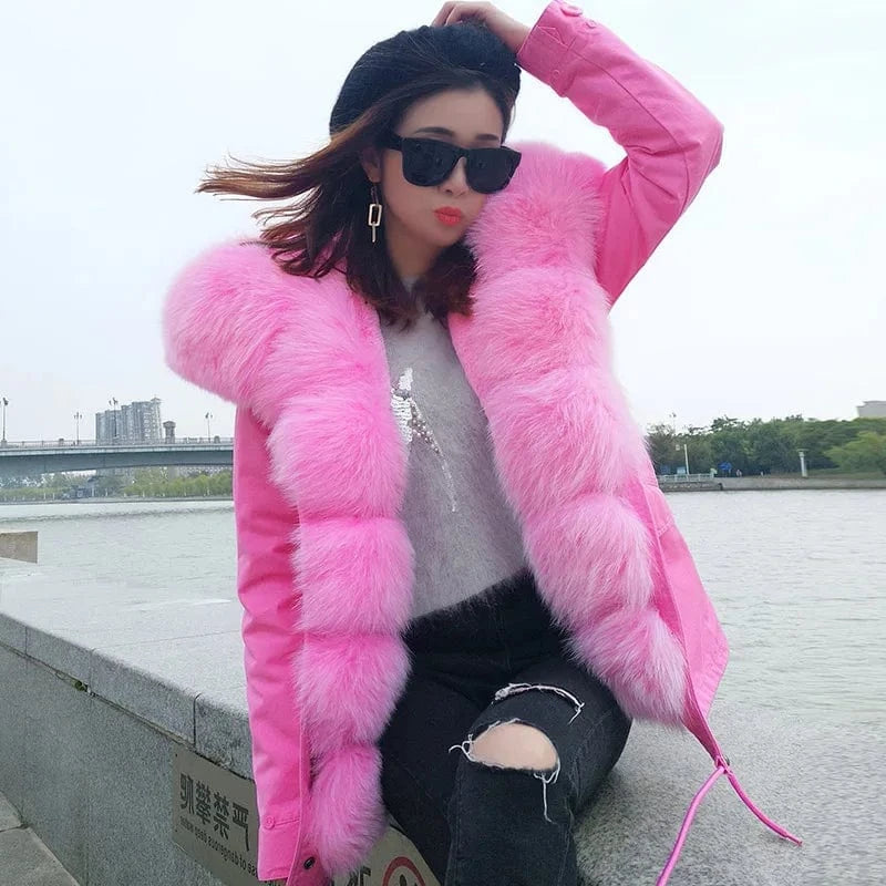 L / 1 Drop Ship Maomaokong Oversize Fox Fur Hood Parka Coat Real Rabbit Fur Lining Winter Jacket Women Thick Winter Outwear