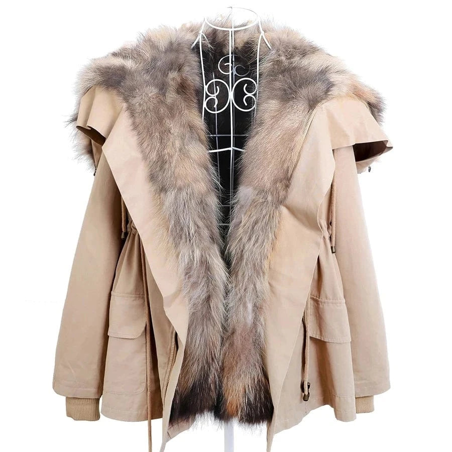 L / 1 Hot Sale New Winter Fashion Ladies Natural Fur Parka Women Raccoon Real Fur Coat Hooded Parka