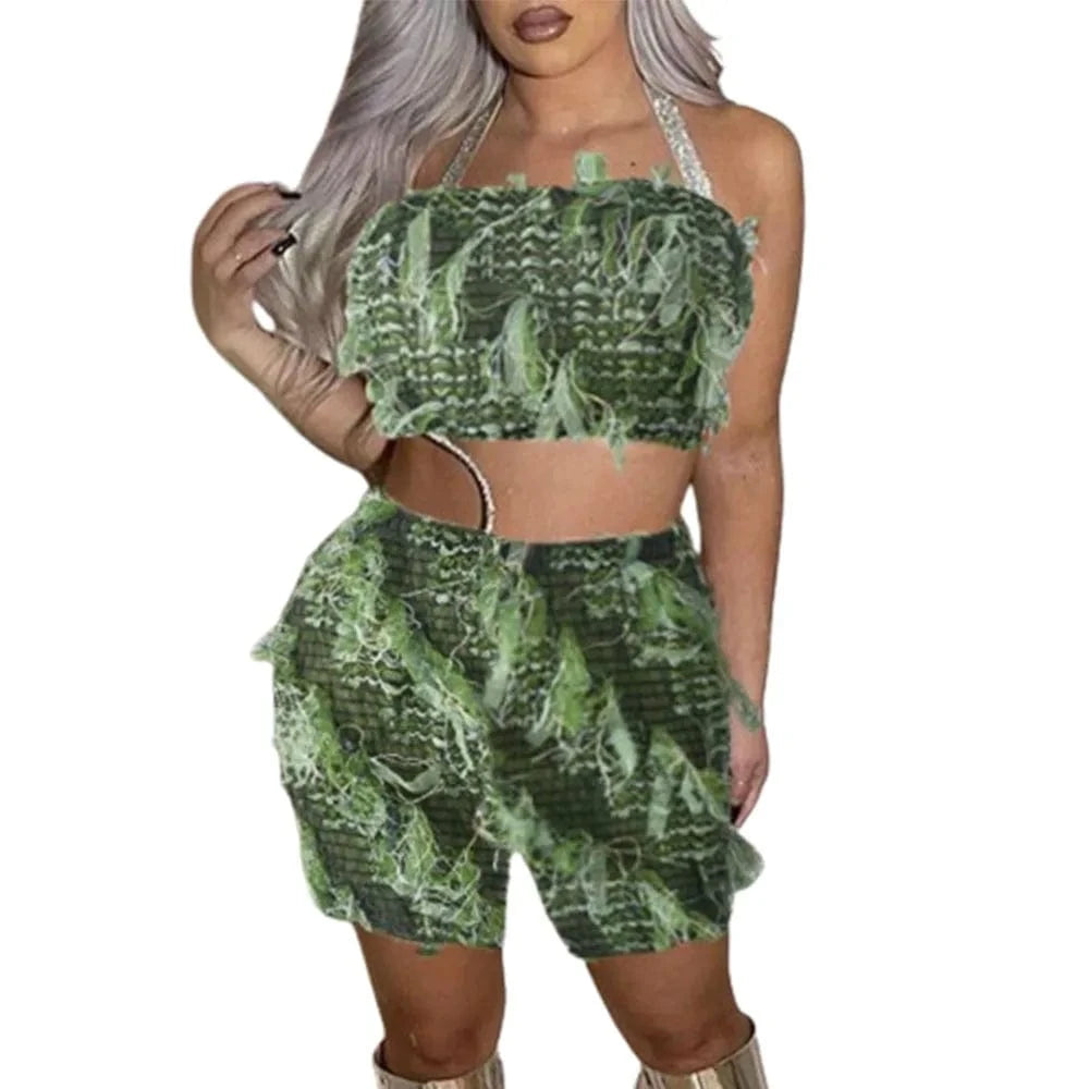 L / 1 ZHEZHE 2024 Summer Y2K Tassel Tube Top And Navel Mesh Western Beggar's Two Piece Short Set