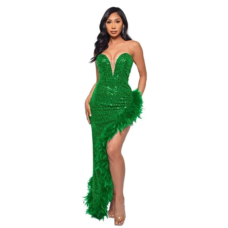 L / #14 Womens Strapless Sequin Feather Dress For Women Elegant Sleeveless Long Bodycon Prom Evening Dresses