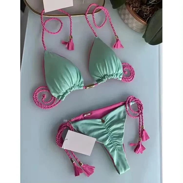 L / 2 2024 High Quality Retro Printing Swimwear Two Piece Tassel Bikini Set Girls Fitness Beachwear