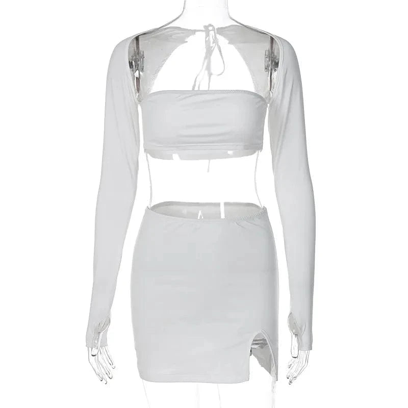 L / 2 Long Sleeve Square Neck off shoulder Crop Top Bodycon Mini Club sexy Party highwaist slit Skirt 2 Piece Sets outfit for women