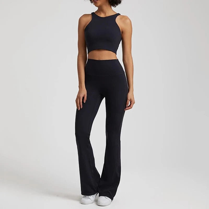 L / 2 Wholesale High Neck Racer Back Sports Bra Wide Leg Flared Pants No Front Seam Line Legging Workout Fitness Gym Wear Yoga Set