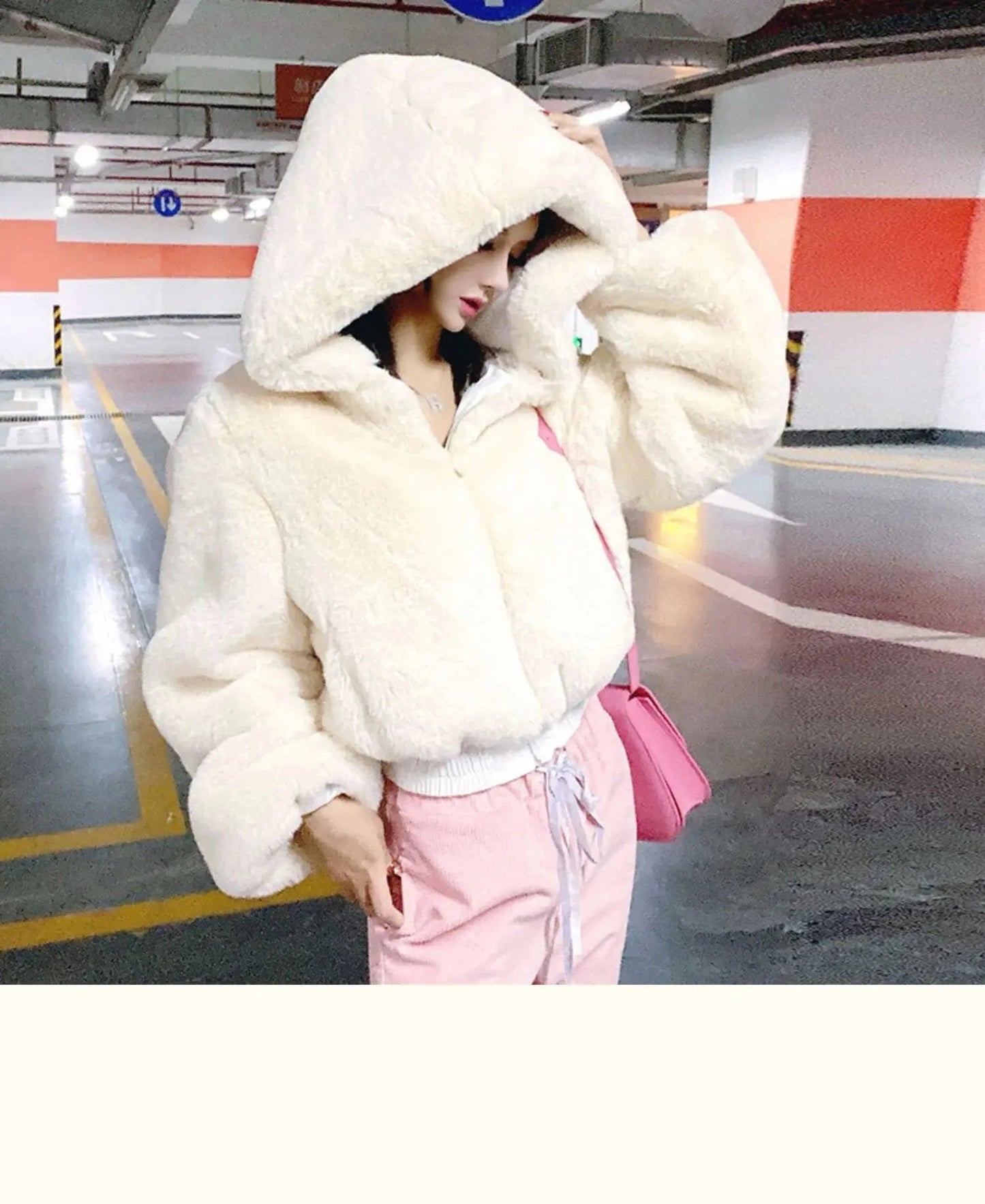 L / 2 Winter Fur Coat Women Fashion High Street Wear Black and White Hooded Zipper Crop Top Jacket Faux Fur Coat