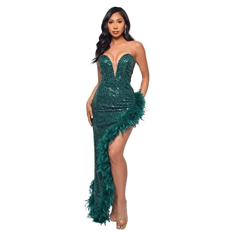 L / #2 Womens Strapless Sequin Feather Dress For Women Elegant Sleeveless Long Bodycon Prom Evening Dresses