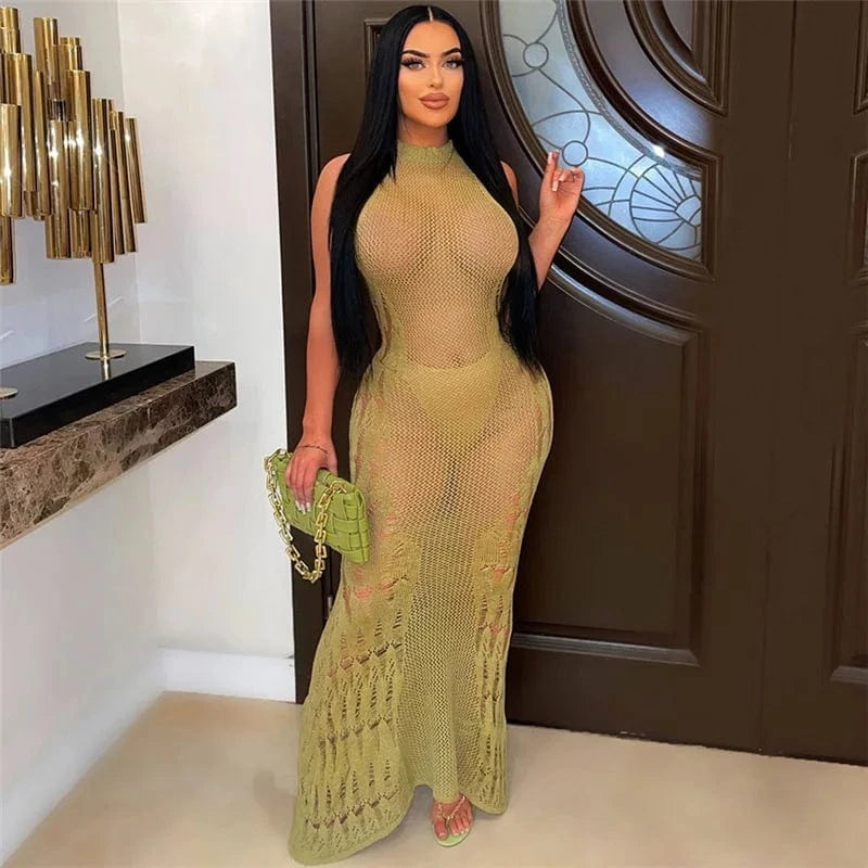 L / 23DS062810 green CUTENOVA 23DS062810 Sexy Knitted Solid  2024 Summer Sundress Girls Maxi Tank Dress Dresses Women Clothing