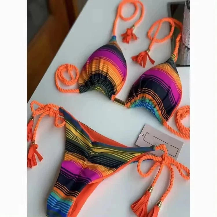 L / 3 2024 Hot Sell Fashion Printed Bikini Braided Rope Sexy Brazilian Swimsuit Wholesale