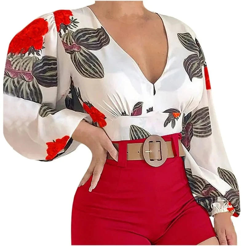 L / 3 2024 T-Shirt Sexy Crop Top spring Elegant Long Sleeve V Neck Ruffle Chiffon Trim Floral Print Shirt Tops Clothing For Women