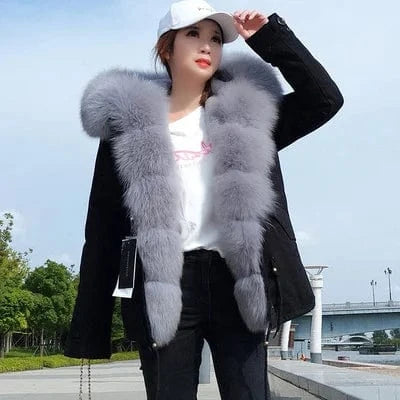 L / 3 Drop Ship Maomaokong Oversize Fox Fur Hood Parka Coat Real Rabbit Fur Lining Winter Jacket Women Thick Winter Outwear