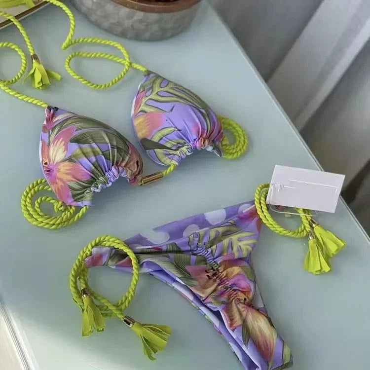 L / 4 2024 Hot Sell Fashion Printed Bikini Braided Rope Sexy Brazilian Swimsuit Wholesale
