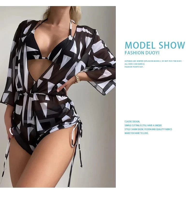 L / 4 Drawstring Side Swimwear Women 2024 Bathing Suit Female Swimming Summer Beachwear 3 Piece Bikini Tropical Print Swimsuit