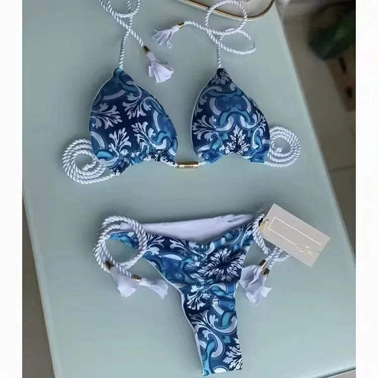 L / 6 2024 Hot Sell Fashion Printed Bikini Braided Rope Sexy Brazilian Swimsuit Wholesale