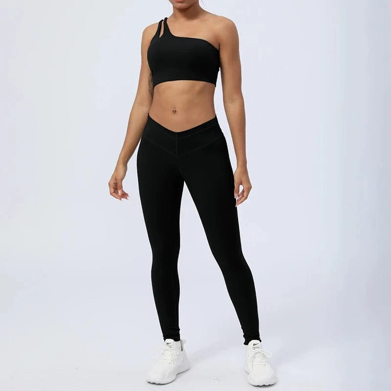 L / 6 2024 New Women Gym Yoga Set Sexy Breathable Single One Shoulder Yoga Bra And Elastic High Waist V Cut Leggings Gym Fitness Sets