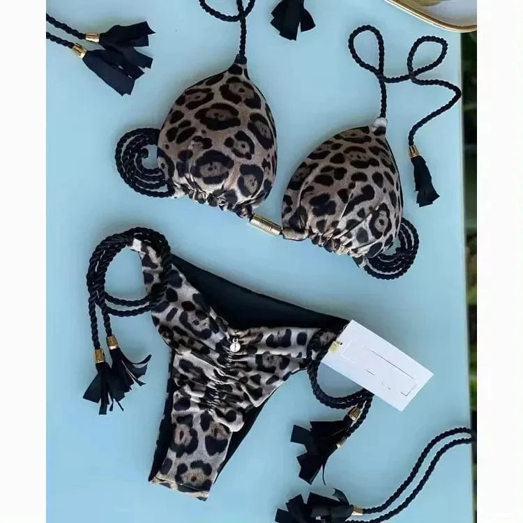 L / 7 2024 Hot Sell Fashion Printed Bikini Braided Rope Sexy Brazilian Swimsuit Wholesale