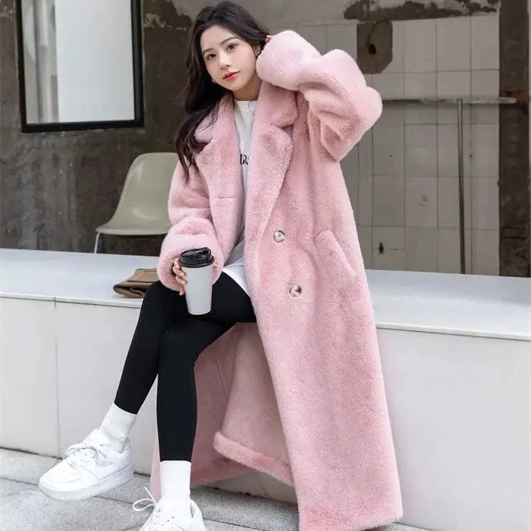L(80KG-90KG) / Pink Women's Trench Fur Coat Women Long Style Plain Fur Coat Women High Quality Slim Oversized Ladies Coats Winter