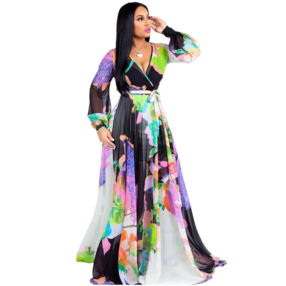 L / 8266 white Wholesale Bohemia Woman Casual Dress Plus Size African Style V Neck Floral Print Chiffon Maxi Dresses Clothing Women Summer 2022