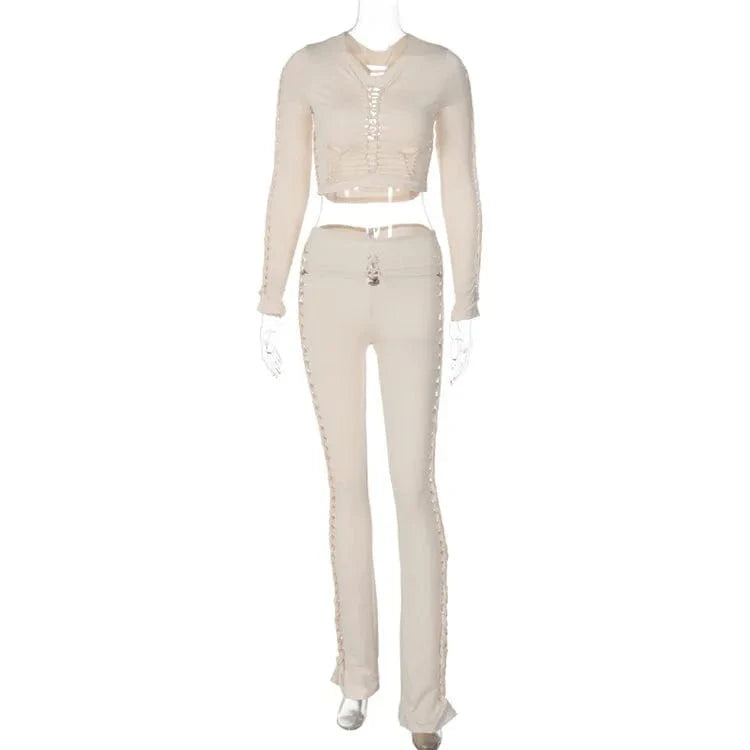 L / Apricot 2022 Fashion Solid Long Sleeves Cut Out Crop Top Pants 2 Pcs Matching Set Fall Irregular Sexy Y2K Outfits Women