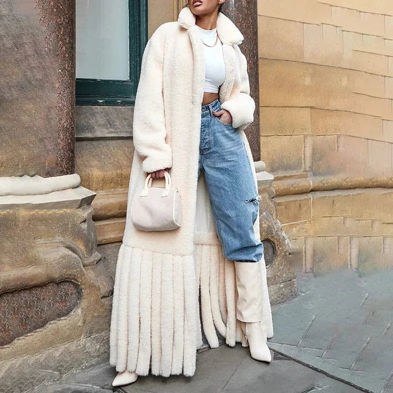 L / apricot 2024 autumn new niche design sense of wool-like long coat for women suit collar plush splicing wool strip women's long coat