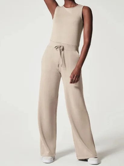 L / Apricot Liu Ming Hot Selling Wholesale Women Casual Sleeveless Solid Color Bodysuit Wide Leg Loose Long Pants Bodycon Jumpsuits