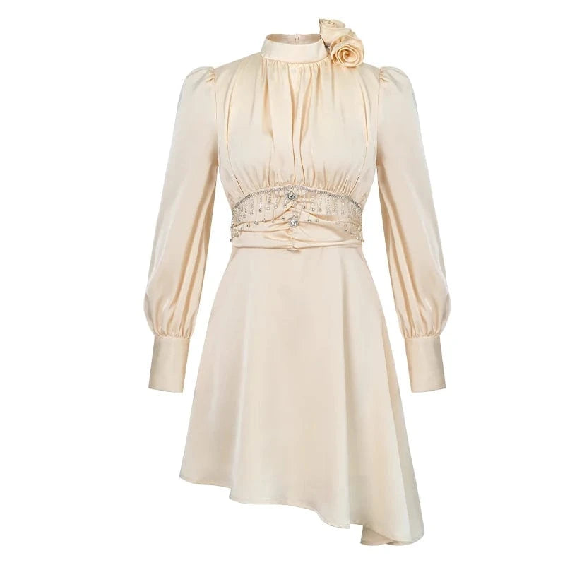 L / Apricot ZYHT 50615 2024 Spring 3D Rose Decor Lantern Sleeve Asymmetrical Dress Diamond Beading Short Satin Dresses