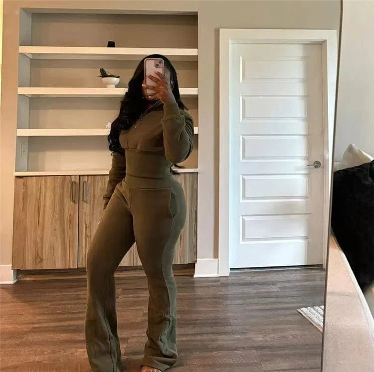 L / Army Green Women Solid 2 Piece Set Tracksuits Long Sleeve Zipper Pullover Sweatshirts Crop Top + Flare Pants Casual Streetwear Suit