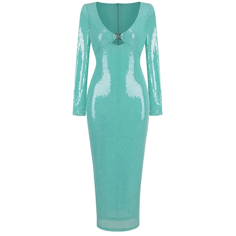 L / as pic Bettergirl Fashion V-neck Sequin Long Blue Dress Women's Clothing 2024 Summer New Hollow Sexy Elegant Women's Dresses