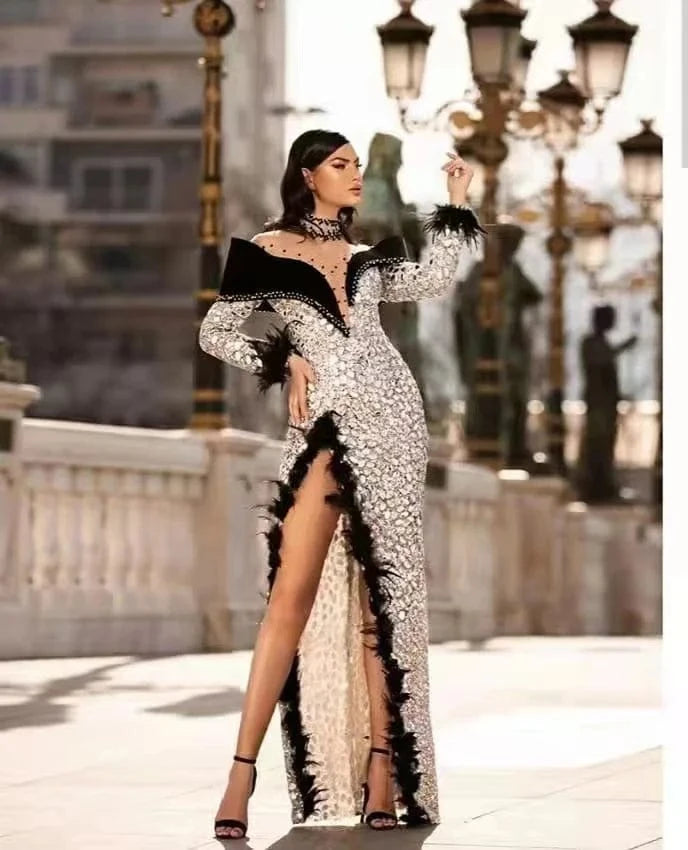 L / AS PIC ED2226 Kimshein Women Elegant Mesh Velvet Occasion Thigh Split Maxi Sequin Beaded Dress Party Gowns Evening Winter Party Dresses