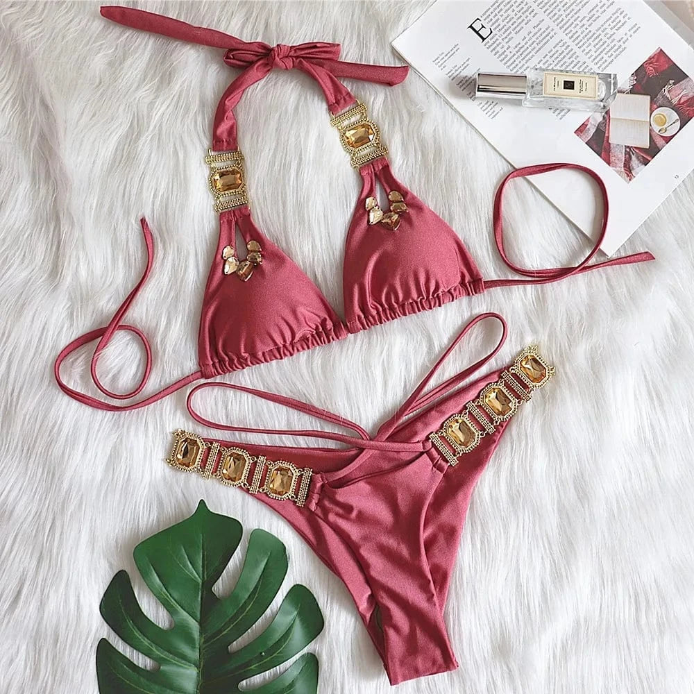 L / As shown DAMOCHIC Crystal Luxury Bikini Push Up Diamond Thong Swimwear Halter Lace-Up Bandage Split Women Retro Rhinestone Swimsuit 2023