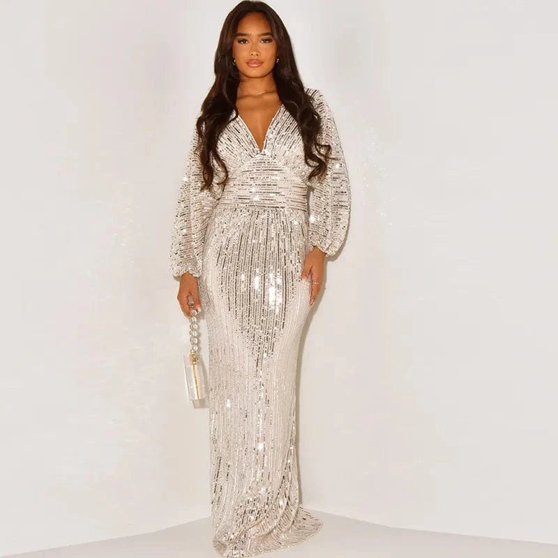 L / Beige 2024 New Fashion Women Sexy V-neck Puff Long Sleeve Sequined Slim Waist Long Dress Lady Evening Party Dress