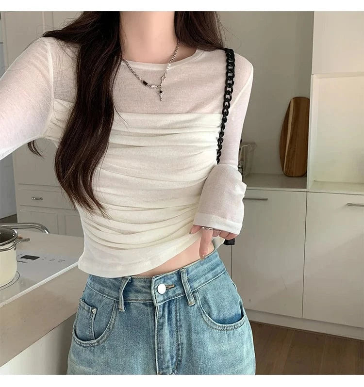 L / Beige / 80%COTTON+20%POLYESTER 2024 T Shirt Women High Quality Fashion Ruffled Net Cotton T Shirt Women Slim New Style Long Sleeve T Shirt Women