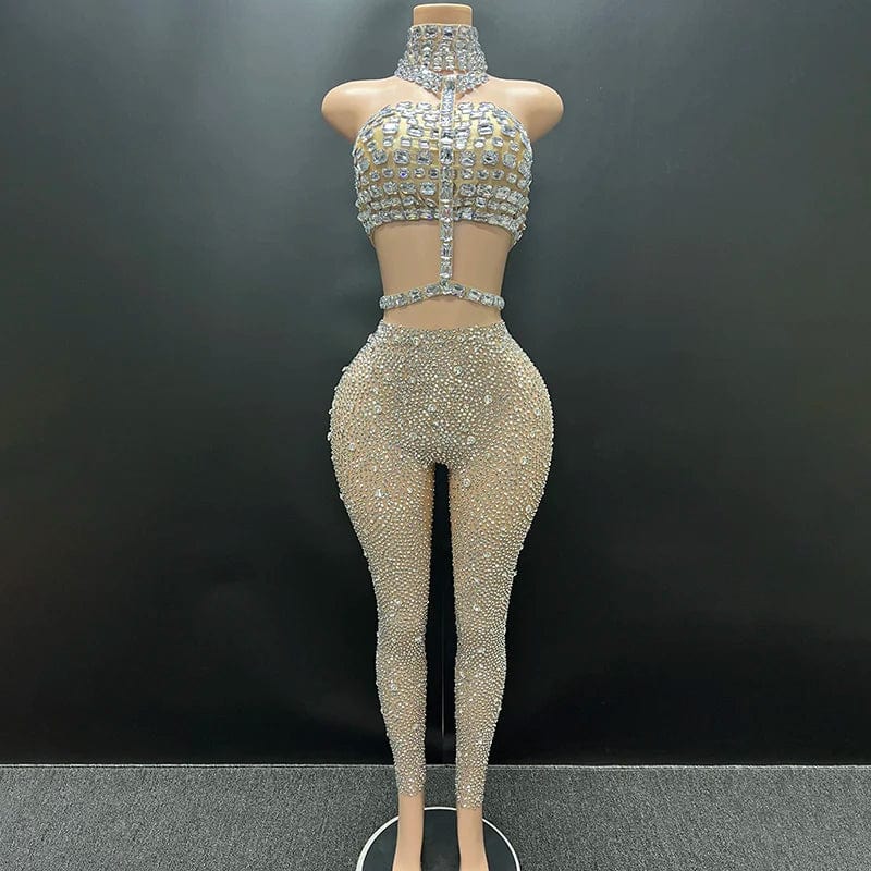 L / Beige NOVANCE Y3745-D trending dress 2024 new arrival sexy suits for ladies rhinestone strapless crop top  mesh pants for casual