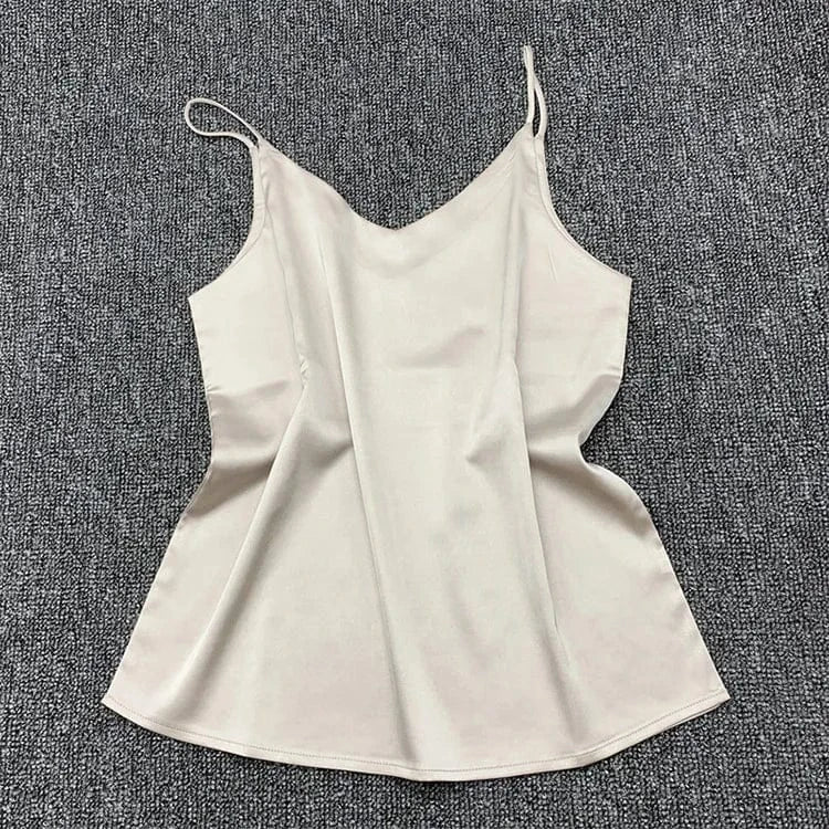 L / Beige Women Summer Silk-Like Satin Tank Top Camisole Ladies Bottoming Shirt Sexy V-Neck Plain Camis 2024